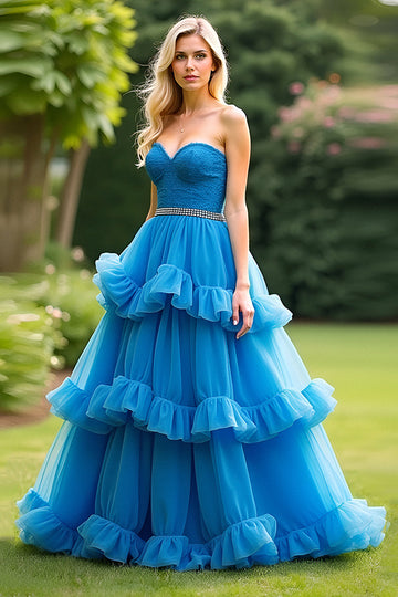 Blå A Line Sweetheart Ruffled Tiered Gallakjole